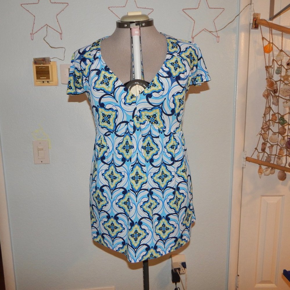 INC Size L Blue Yellow Ruched Blouse Shirt Top V Neck Short Sleeve Summer Navy